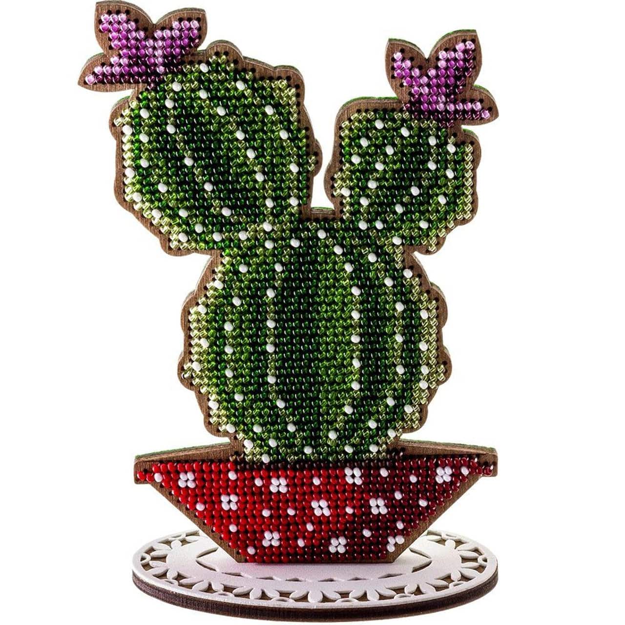 Wonderland Crafts Cactus in Red Bowl Bead Embroidery on Wood Kit